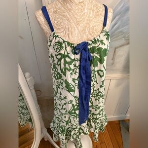 GAP Green and White Floral Sundress with Blue Tie Double ruffle measures